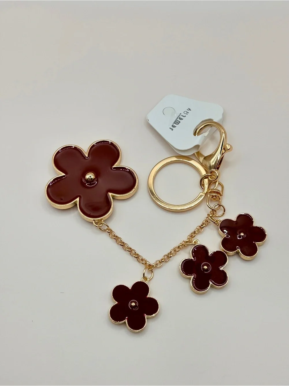 Luxe Gold-Tone Keychain with Burgundy Flower Charms